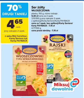 Ser żółty w plastrach Włoszczowski typu szwajcarskiego Włoszczowa promocja w Carrefour