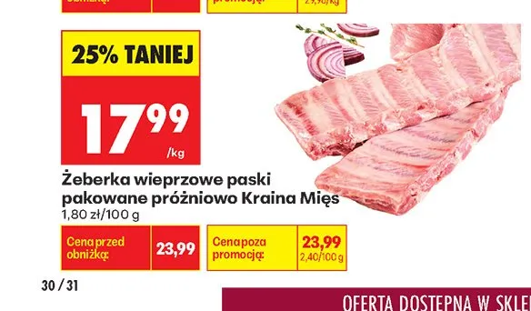 Żeberka wieprzowe paski pakowane próżniowo Kraina Mięs promocja w Biedronka