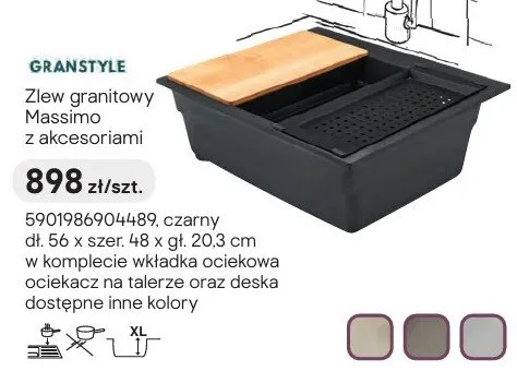 Zlew granitowy GRANSTYLE Massimo z akcesoriami czarny dł. 56 x szer. 48 x gł. 20,3cm w komplecie wkładka ociekowa ociekacz na talerze oraz deska promocja w Castorama