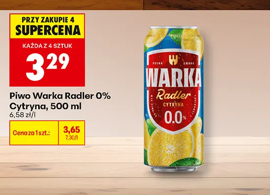 Piwo bezalkoholowe Warka Radler Cytryna promocja w Biedronka