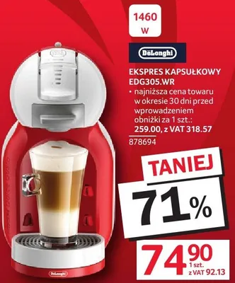 Ekspres kapsułkowy DeLonghi EDG305.WR 1460W promocja w Selgros