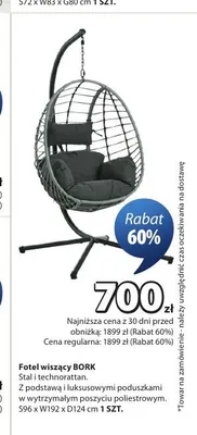 Fotel wiszący BORK Stal i technorattan S96xW192xD124cm promocja w Jysk
