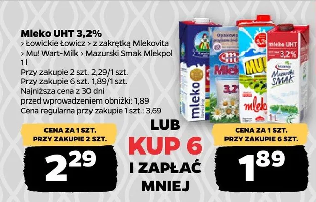 Mleko UHT 3,2% Mazurski Smak Mlekpol promocja w Netto