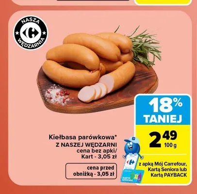 Kiełbasa parówkowa Nasza Wędzarnia promocja w Carrefour
