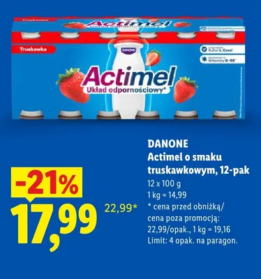 Actimel o smaku truskawkowym 12-pak Danone promocja w Lidl
