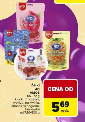Żelki klocki, dinozaury, rybki, brzoskwinia, ananas, winogrono, truskawka promocja w Carrefour