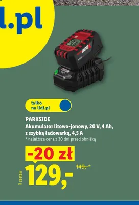 Akumulator litowo-jonowy Parkside 20V 4Ah z szybką ładowarką 4,5A promocja w Lidl