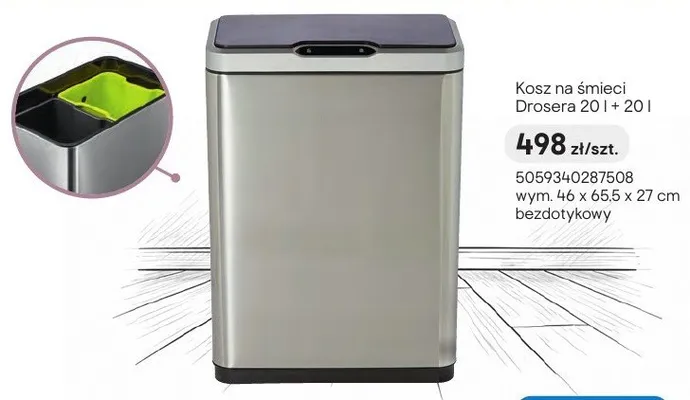 Kosz na śmieci bezdotykowy Drosera 20l+20l wym. 46x65,5x27cm promocja w Castorama