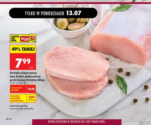 Schab wieprzowy bez kości pakowany próżniowo Kraina Mięs promocja w Biedronka