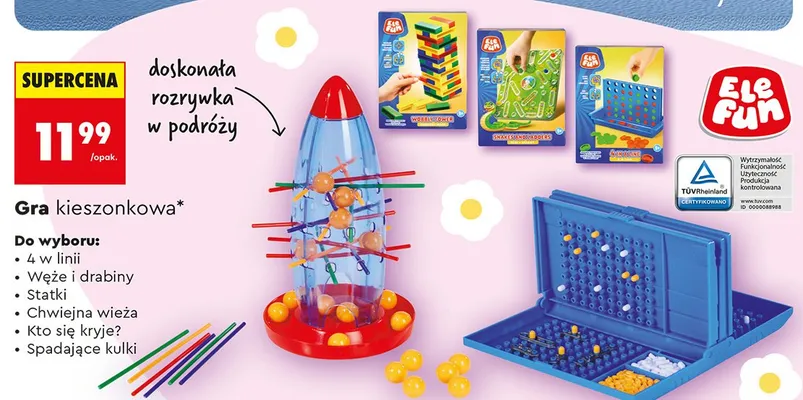 Gra kieszonkowa do wyboru: 4 w linii, Węże i drabiny, Statki, Chwyciłna wieża, Kto się kryje?, Spadające kulki promocja w Biedronka