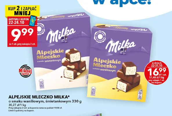 Alpejskie Mleczko o smaku waniliowym Milka promocja w LEWIATAN