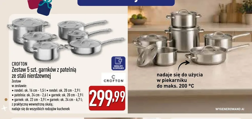 Zestaw 5 szt. garnków z patelnią ze stali nierdzewnej Crofton promocja w Aldi