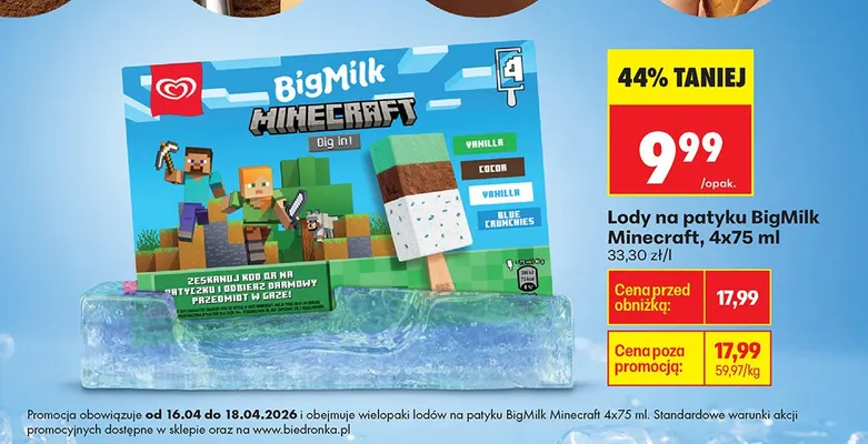 Lody na patyku Minecraft, 4x75ml promocja w Biedronka