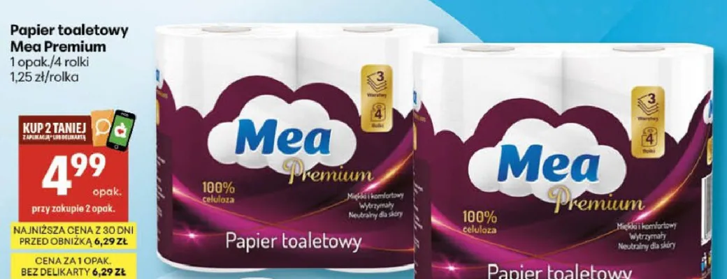 Papier toaletowy Mea Premium 4 rolki promocja w Delikatesy Centrum