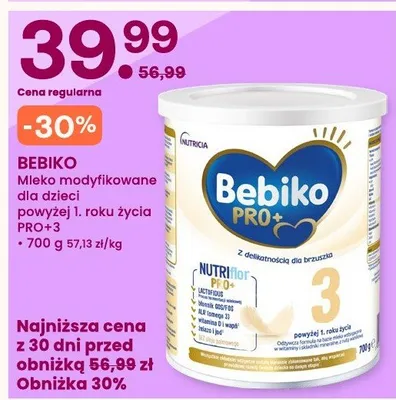 Mleko modyfikowane dla dzieci powyżej 1 roku życia Bebiko PRO+3 promocja w Frisco