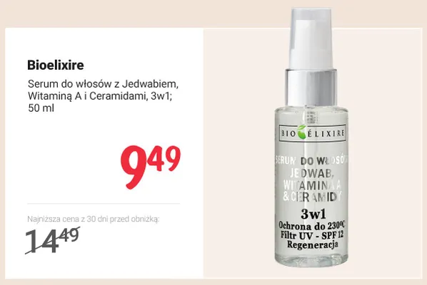 Serum do włosów z jedwabiem witaminą A i ceramidami 3w1 Bioelixire promocja w Rossmann