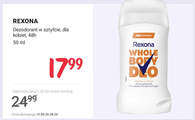 Dezodorant w sztyfcie dla kobiet Rexona Whole Body Deo promocja w Rossmann