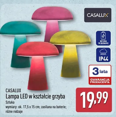 Lampa LED w kształcie grzyba Casalux turkusowa 17,5x15 cm IP44 zasilana na baterie promocja w Aldi