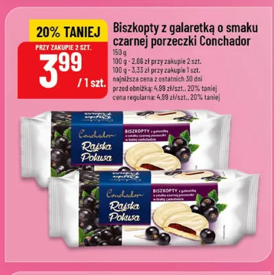Biszkopty z galaretką o smaku czarnej porzeczki w czekoladzie Conchador Rajska Pokusa promocja w POLOmarket