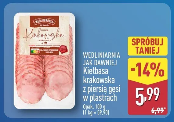 Kiełbasa krakowska z piersią gęsi w plastrach promocja w Aldi