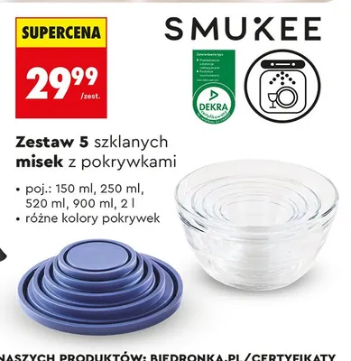 Zestaw 5 szklanych misek z pokrywkami promocja w Biedronka