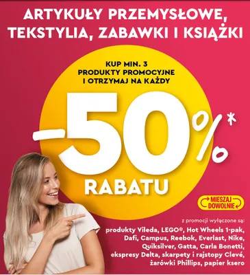 Artykuły przemysłowe, tekstylia, zabawki i książki -50 przy zakupie 3 promocja w Biedronka
