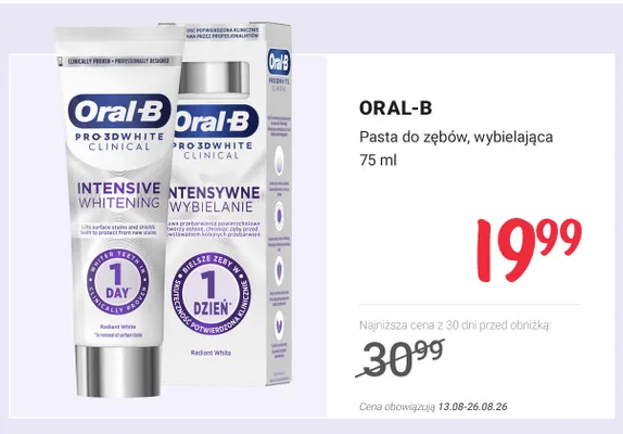 Pasta do zębów wybielająca Oral-B Pro 3D White Clinical Intensive Whitening promocja w Rossmann