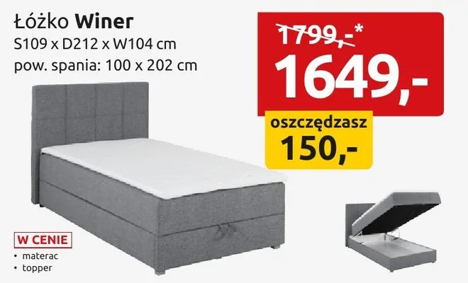 Łóżko Winer S109xD212xW104cm pow. spania 100x202cm promocja w Black Red White