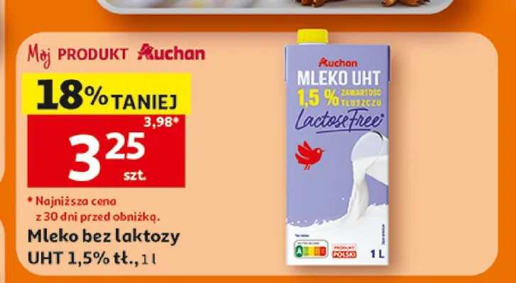 Mleko bez laktozy UHT 1,5% Auchan promocja w Auchan