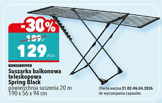 Suszarka balkonowa teleskopowa Drying Black powierzchnia suszenia 20 m 190 x 56 x 94 cm promocja w Biedronka