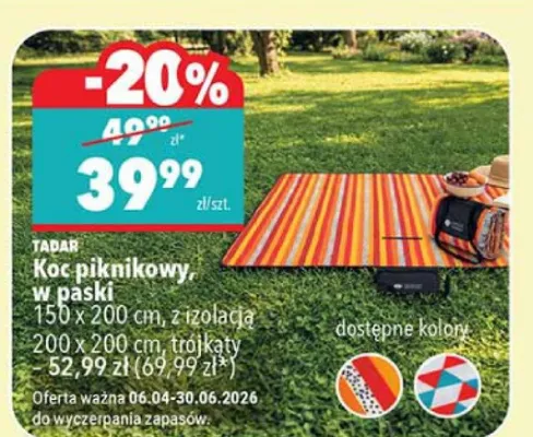 Koc piknikowy w paski 150 x 200 cm, z izolacją 200 x 200 cm, tłołkaty promocja w Biedronka