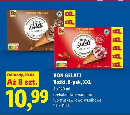 Lody Rożki czekoladowo-waniliowe Bon Gelati 8-pak XXL promocja w Lidl