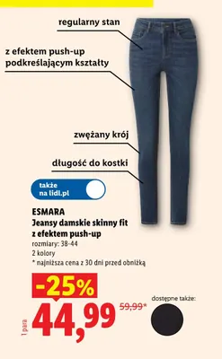 Jeansy damskie skinny fit z efektem push-up Esmara promocja w Lidl