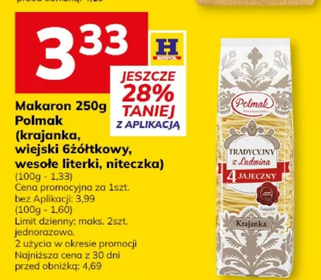 Makaron 250g Polmak (krupnik, wiejski 6żółtkowy, Igiezie literki, niteczka) promocja w Hitpol