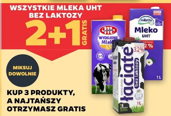 Mleko UHT bez laktozy wszystkie 2+1 gratis promocja w Netto