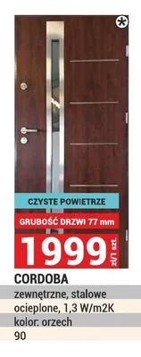 Drzwi zewnętrzne stalowe Cordoba Czyste Powietrze ocieplone 1,3W/m2K grubość 77mm kolor orzech 90 promocja w Merkury Market