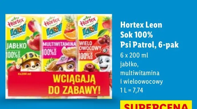 Sok Hortex Leon Sok 100% Psi Patrol, 6-pak promocja w Lidl