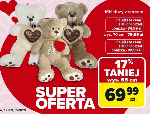 Miś duży z sercem wys. 65cm promocja w Carrefour