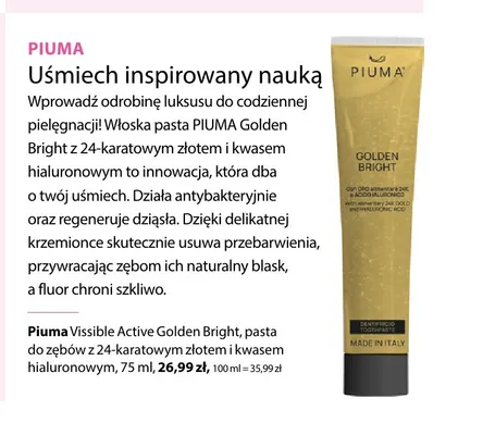Pasta do zębów z 24-karatowym złotem i kwasem hialuronowym Vissible Active Golden Bright Piuma promocja w Hebe