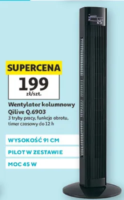 Wentylator kolumnowy Qilive Q.6903 wysokość 91cm moc 45W 3 tryby pracy funkcja obrotu timer czasowy do 12h pilot w zestawie promocja w Auchan