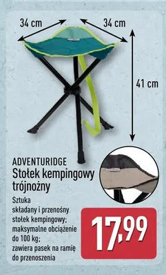 Stołek kempingowy trójnożny ADVENTURIDGE promocja w Aldi