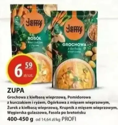 Zupa grochowa z kiełbasą wieprzową, pomidorowa z kurczakiem i ryżem, ogórkowa z mięsem wieprzowym promocja w Zielony Koszyk