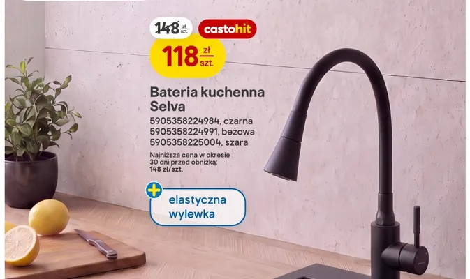Bateria kuchenna Selva elastyczna wylewka czarna promocja w Castorama