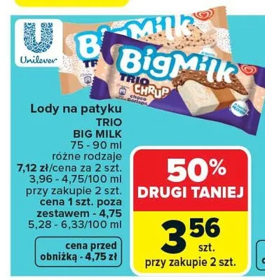 Lody na patyku Trio Big Milk różne rodzaje promocja w Carrefour