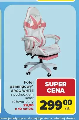 Fotel gamingowy ARGO WHITE z podnóżkiem promocja w Carrefour