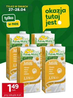 Mleko UHT 1,5% Farm Milk promocja w Stokrotka