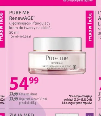 Ujędrniająco-liftingujący krem do twarzy na dzień Renewage Pure Me promocja w Hebe