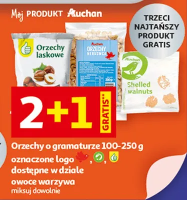 Orzechy o gramaturze 100-250g, oznaczone logo, dostępne w dziale owoce warzywa, miksy dowolne promocja w Auchan