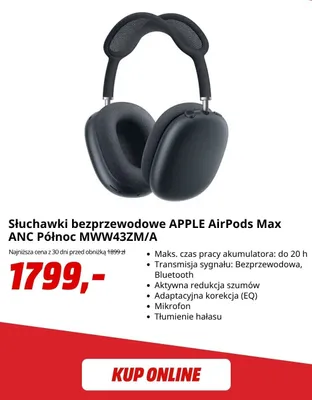 Słuchawki bezprzewodowe APPLE AirPods Max ANC Północ promocja w Media Markt