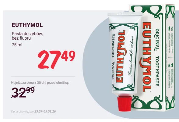 Pasta do zębów bez fluoru Euthymol Original promocja w Rossmann